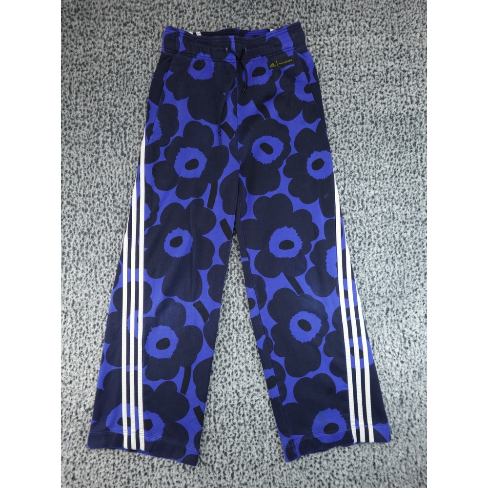 Adidas x Marimekko Unikko Floral Fleece‎ Pants Women Small Blue Wide Leg Striped